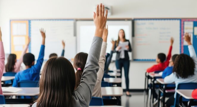 Engaged Students Actively Participating in Classroom Discussion with Teacher Leading
