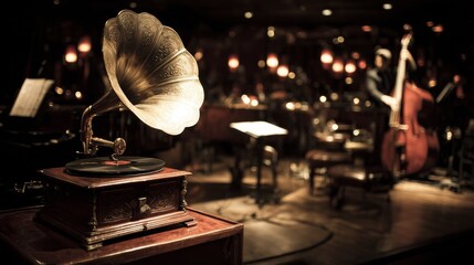 Obraz premium An antique gramophone sits onstage with vinyl bathed in soft light amid the blurred backdrop of a jazz band evoking a vintage ambiance
