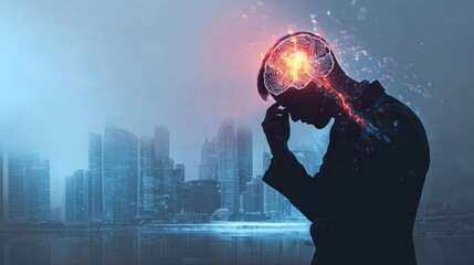 Engineer man silhouette holding head with glowing ai brain and city skyline, deep thinking in tech world, digital silhouette, cyber human