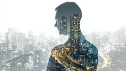 Double exposure of man in suit blended with city night view, symbol of digital business life, digital silhouette, cyber human lifestyle