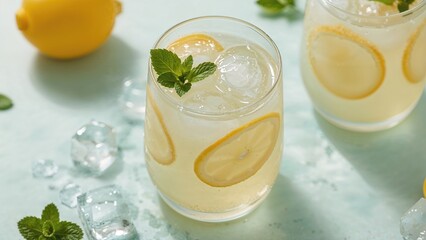 Fototapeta premium Iced lemonade infused with cool mint leaves