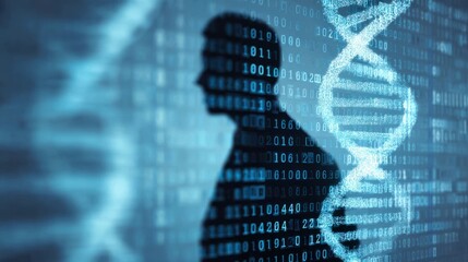 Silhouette of man over binary code and dna strands, mix of digital and genetic tech future, digital silhouette, cyber human intelligence