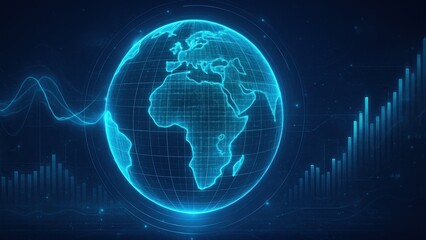 Glowing wireframe earth with digital data streams, stock graphs, and hud elements in dark space, symbolizing ai finance, data security, fintech startup