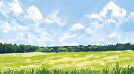 Painted landscape of a field under a vibrant sky