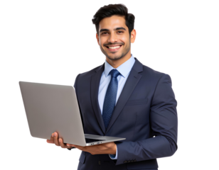 Businessman Holding Laptop, Smiling While Engaging with Media and Sharing Content on transparent background.