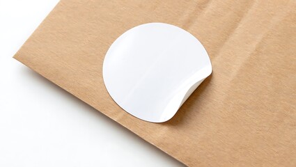 Close up of a white round sticker with a peeled corner on a brown paper surface on a white background