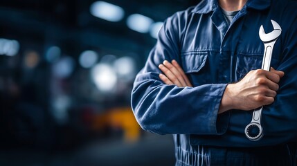 A confident male mechanic in a blue uniform stands with arms crossed, holding a large adjustable wrench in one hand.
