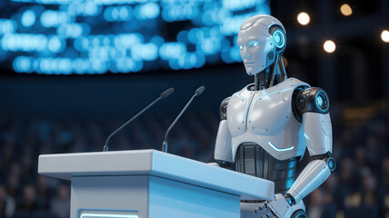 Humanoid robot addresses audience from podium with microphones