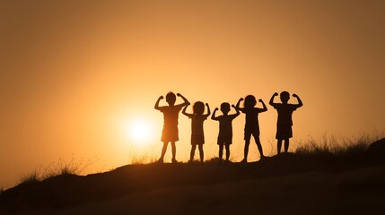A group of children standing on a hilltop during sunset, silhouetted against the sky. They are confidently posing with flexed arms, symbolizing strength and unity.