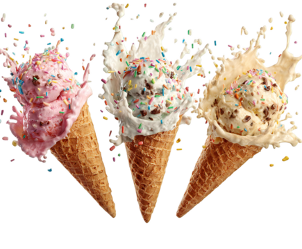 Delightful ice cream cones, cascading with flavorful toppings and milky splash, perfect summer indulgence, on transparent background