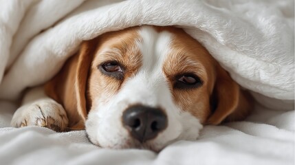 A close-up of a sleepy beagle dog lying under a soft white blanket. The dog's eyes are half-closed, and it looks cozy and relaxed, resting its head on the blanket.