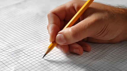 A close-up of a person's hand holding a yellow pencil, writing on a blank sheet of graph paper. The paper has a square grid pattern, and the hand is poised to begin writing.