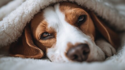 A close-up of a sleepy beagle dog lying under a soft white blanket. The dog's eyes are half-closed, and it looks cozy and relaxed, resting its head on the blanket.