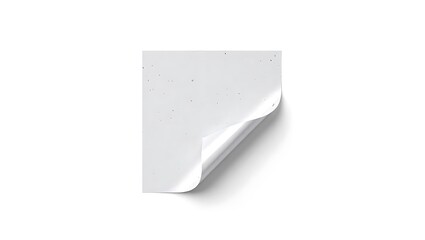 A slightly speckled white square paper with a curled corner set against a white background plain