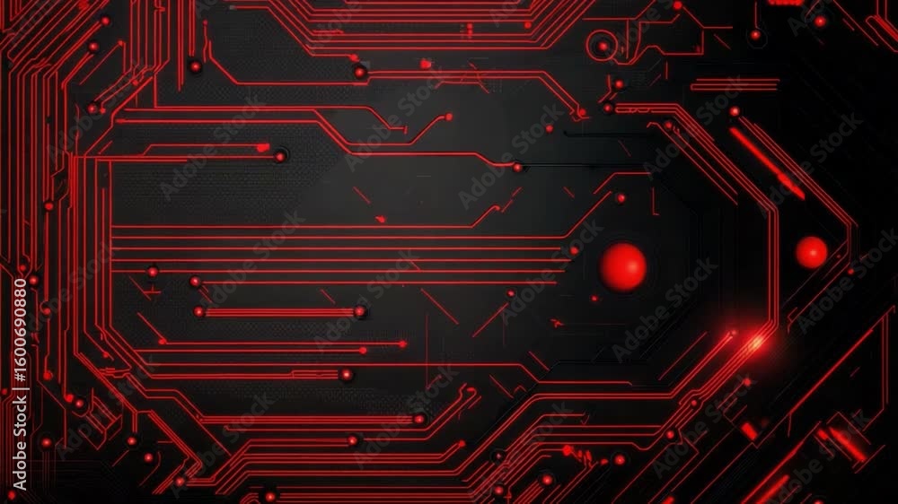Poster abstract red circuit board design with dynamic lines and glowing elements on dark background for tec