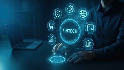 Man seated reaching toward floating circular fintech interface glowing in blue, showing control and insight in ai finance, data security, fintech startup