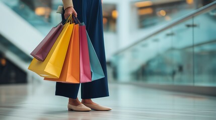 A stylish woman standing indoors at a shopping mall, holding multiple colorful shopping bags in one hand. She is wearing wide-legged navy blue pants and beige flat shoes. 