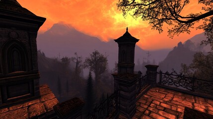 Gothic architecture overlooks a misty mountain range at fiery sunset