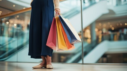 A stylish woman standing indoors at a shopping mall, holding multiple colorful shopping bags in one hand. She is wearing wide-legged navy blue pants and beige flat shoes. 