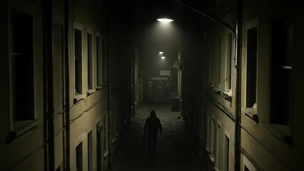 Two figures walking through foggy alley at night