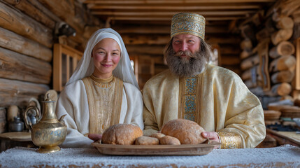 Russian bread and salt blessing ceremony with traditional attire