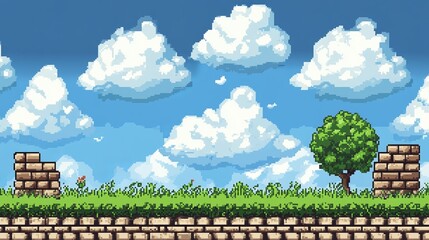 Pixel art landscape with grass, trees, walls, and clouds