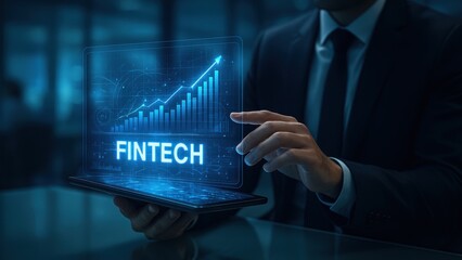Man with tablet at glass desk using glowing interface of graphs and fintech icons, showing innovation in ai finance, data security, fintech startup