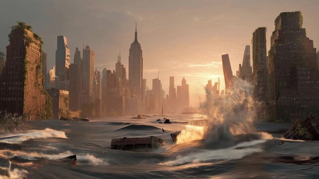 view of an urban city destroyed and flooded after a tsunami