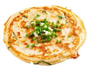 Crispy Sourdough Cong You Bing Torn to Show Flaky Layers, isolated on a transparent background.