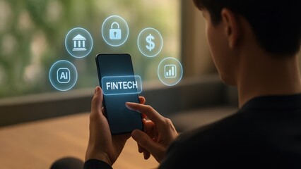 Man with phone in cozy room surrounded by glowing fintech icons and fintech text, suggesting trust in ai finance, data security, fintech startup apps