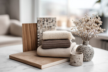 Bright Scandinavian interior mood board with cozy wooden elements neutral palette minimalist décor and daylight for home and apartment inspiration