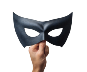 Dramatic black superhero mask held by a fair hand, isolated for design elements, on transparent background