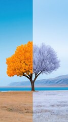 Seasonal Contrast: Autumn Warmth Versus Winter Chill, Dual-Frame Setup with Copy Space