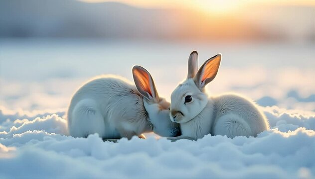 Arctic hare with its baby nestled in snow