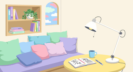 Cozy living room scene with sofa, table, lamp, books, and plants, perfect for relaxation and study