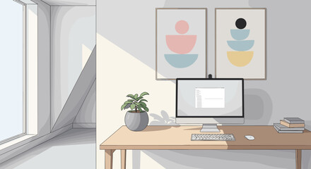 Minimalist Home Office Interior Design with Modern Desk, Computer, and Abstract Art Prints