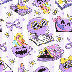 seamless pattern cute little ghost with Bookish halloween vibe