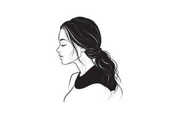 Naklejka premium Elegant Woman Profile Portrait with Ponytail Black and White Line Art Illustration Minimalist Design Serene Expression Beauty and Simplicity