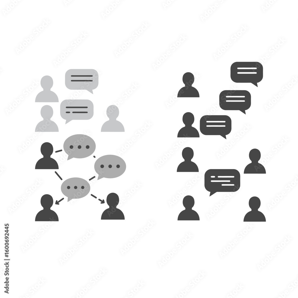 Aufkleber communication network comparison centralized vs decentralized structures with people and speech bubb