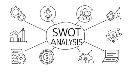 Fototapeta premium SWOT Analysis: A visually engaging depiction of a SWOT analysis, illustrating key concepts through a network of interconnected icons, facilitating a clear and concise understanding.