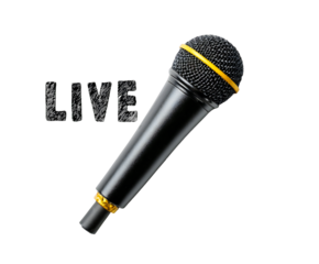 Professional microphone with the word "LIVE" illustration, representing a broadcasting event, presented on transparent background