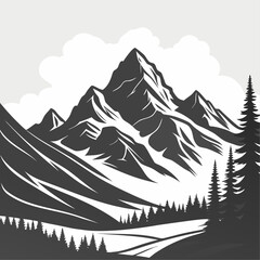 A captivating vector illustration portrays a serene mountain landscape with snow-capped peaks, lush forests, and a clear sky, perfect for nature-themed designs