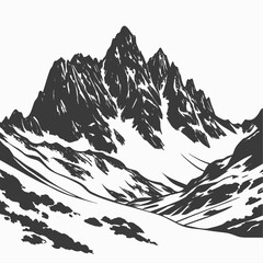 A serene vector illustration captures a winter mountain landscape with snow-covered peaks, alpine trees, and a clear blue sky