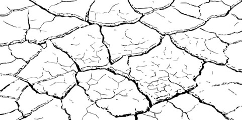 Black and white illustration of cracked, dry earth with deep fractures and irregular textures. Perfect for drought, desert, or environmental-themed designs and nature-inspired backgrounds.