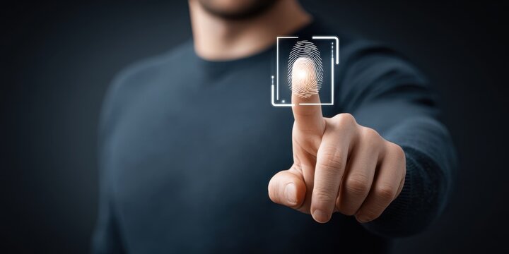 Illuminated Futuristic Digital Fingerprint Scan Interface Hovering over Human Hand with Copy Space, Technological Biometric Concept