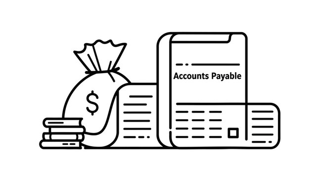 Finance Illustration: An artistic portrayal of financial concepts with essential elements like money bag, accounts payable and stacks of documents.