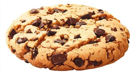 A single, round, golden-brown treat, speckled with dark chocolate chunks, sitting against a white background