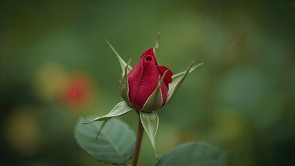 Fototapeta premium Vivid scarlet rose emerging from a hazy setting