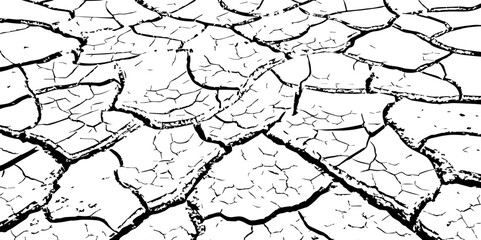 Black and white illustration of cracked, dry earth with deep fractures and irregular textures. Perfect for drought, desert, or environmental-themed designs and nature-inspired backgrounds.