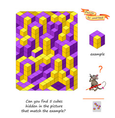 Can you find 5 cubes hidden in the picture that match the example? Logic puzzle game for children and adults. Brain teaser book. Develop spatial thinking. Task for attentiveness. Vector illustration.